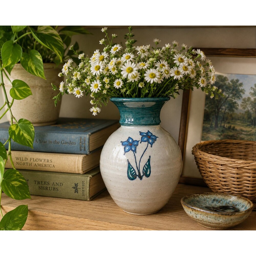 Hand Thrown Studio Pottery Vase Gray & Teal Blue Floral Stoneware Signed 6.75"